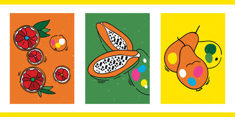 Vintage illustrations of fruits. Set of three posters for menu design, restaurant decor, grocery stores, social media in 1990s style. Minimalistic pop art backgrounds with grapefruit, papaya, pear.