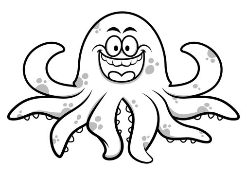 black and white cartoon illustration of funny octopus swimming on the sea, best for coloring book and illustration book of children