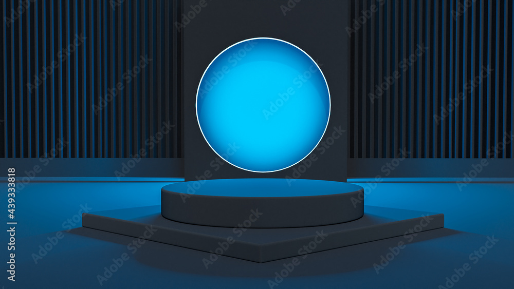 Poster futuristic blank product stand and abstract background with led light and reflection.3d illustration
