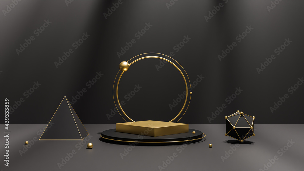Poster black friday scene with geometrical forms and textured background for product with gold black backgr