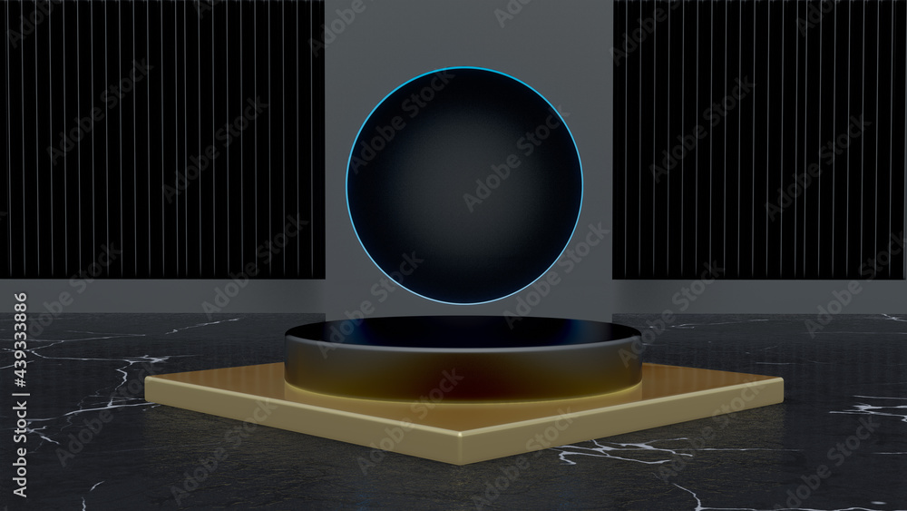 Poster futuristic blank product stand and abstract background with led light and reflection.3d illustration