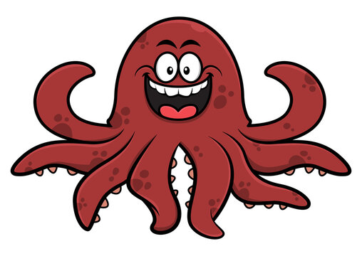 Cartoon illustration of a happy octopus swimming on the ocean, suitable for mascot, sticker, or decoration for sea food restaurant business