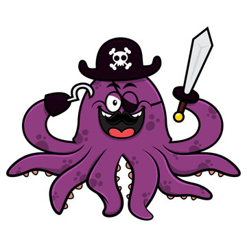 Funny Octopus cartoon characters wearing a pirates cap and mustache while holding a sword and hook; best for sticker; mascot; and decoration with pirates themes for kids