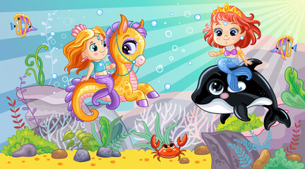 Fototapeta premium Sea wildlife background with cute mermaids and orca vector