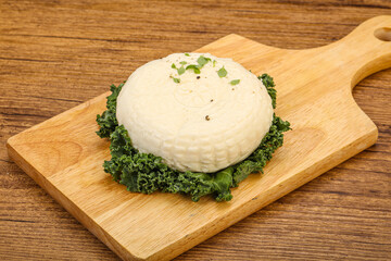 Caucasian suluguni round cheese piece