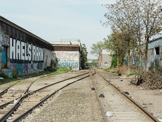 Railroad track in an industrial area of East Williamsburg, Brooklyn, New York City
