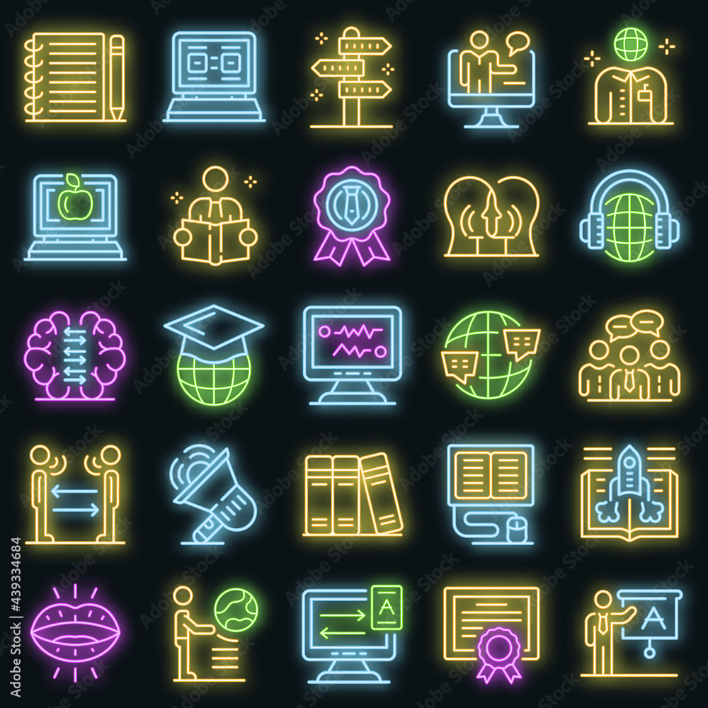 Poster foreign language teacher icons set. outline set of foreign language teacher vector icons neon color 
