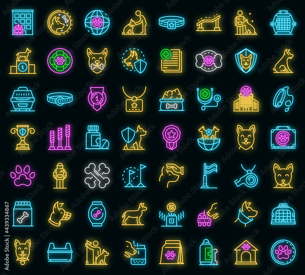 Poster dog handler icons set. outline set of dog handler vector icons neon color on black