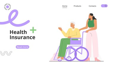 Medical insurance. Elderly male character is sitting in a wheelchair. Concept of insuring pensioners or disabled or handicapped people. 