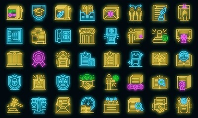 Notary icons set. Outline set of notary vector icons neon color on black