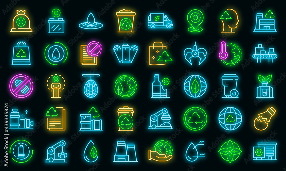Poster recycle factory icons set. outline set of recycle factory vector icons neon color on black