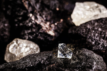 diamond mine with rough and cut stones, diamond mining concept