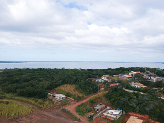 Aerial drone view of the city of Araruama, in the Lagos region of Rio de Janeiro. Partly cloudy day.