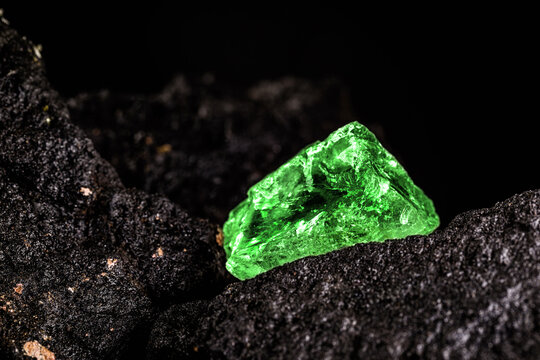 Raw Emerald Gem In Rare Stone Mine, Bright Green Stone