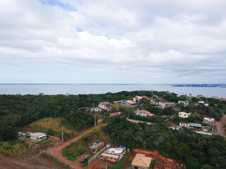 Fototapeta na wymiar Aerial drone view of the city of Araruama, in the Lagos region of Rio de Janeiro. Partly cloudy day.