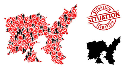 Collage map of Lemnos Island composed of virus outbreak elements and demographics elements. Situation scratched stamp. Black man items and red flu virus items. Situation text inside round seal stamp.