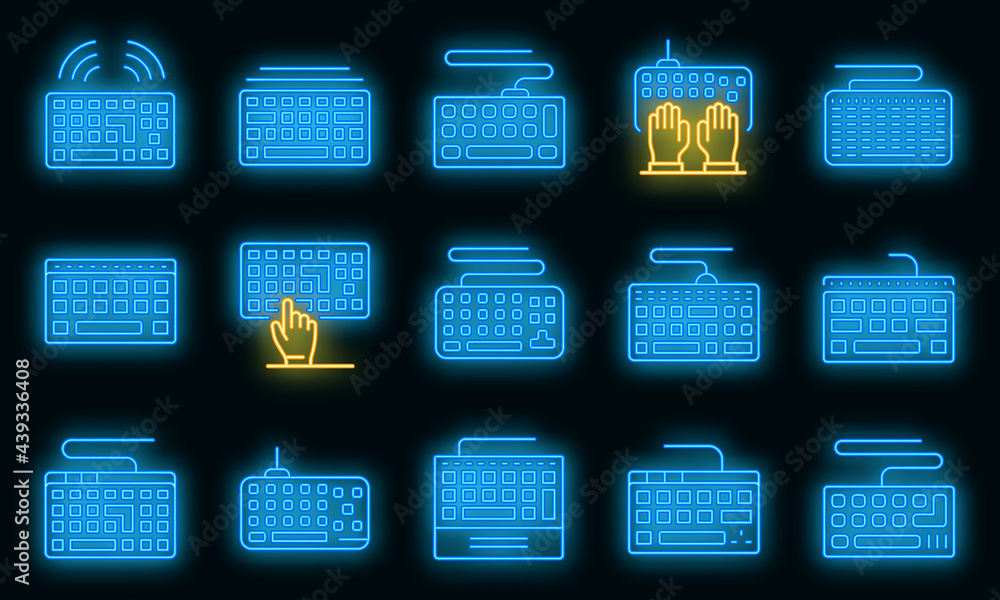 Poster keyboard icons set. outline set of keyboard vector icons neon color on black