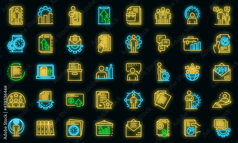 Poster office manager icons set. outline set of office manager vector icons neon color on black