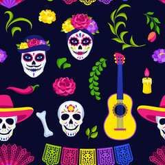 Day of the Dead seamless pattern. Dia de los muertos. Mexican celebration.
