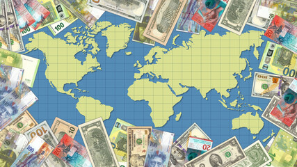 Naklejka premium Sketchy world map framed by paper money of different countries. Banknotes of the USA, EU and Switzerland. Dollars, euros and francs
