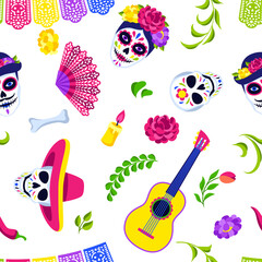 Day of the Dead seamless pattern. Dia de los muertos. Mexican celebration.