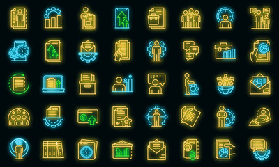 Office manager icons set. Outline set of office manager vector icons neon color on black