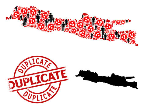 Collage map of Java Island constructed from SARS virus elements and people icons. Duplicate scratched seal stamp. Black men items and red virus outbreak items.