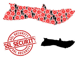 Mosaic map of Molokai Island constructed from covid infection items and people elements. SSL Security scratched stamp. Black man items and red covid infection icons.
