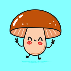 Cute funny mushroom character. Vector hand drawn cartoon kawaii character illustration icon. Isolated on blue background. Mushroom character concept