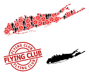 Fototapeta na wymiar Mosaic map of Long Island united from covid items and humans items. Flying Club grunge stamp. Black men items and red coronavirus elements. Flying Club message inside round stamp.