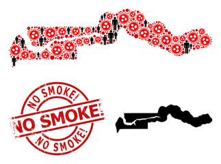 Mosaic map of the Gambia united from SARS virus items and men items. No Smoke! scratched seal. Black man icons and red covid virus items. No Smoke! phrase inside round seal.