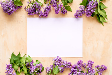 Spring purple lilac flowers. Fla lay, mock up