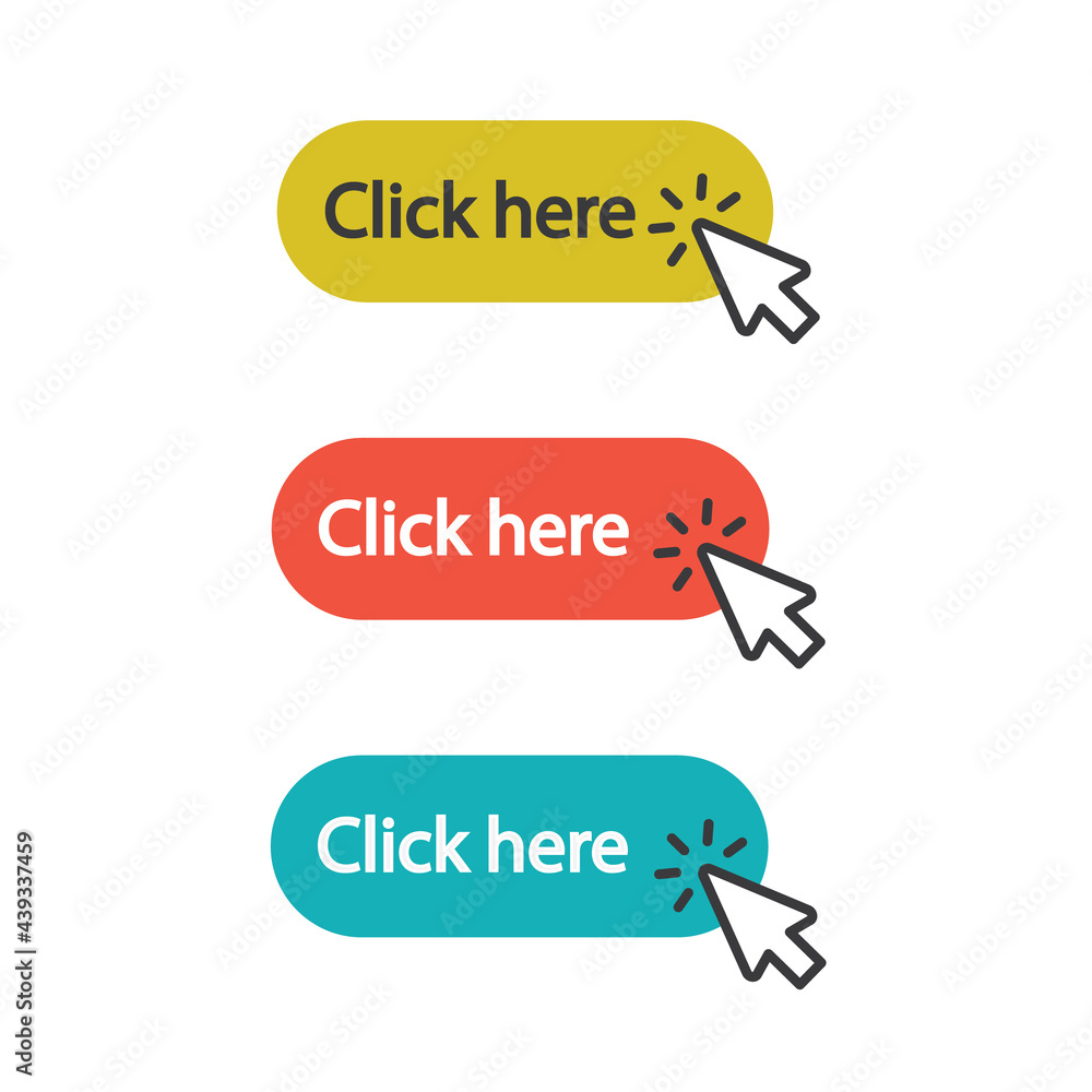 Aufkleber click button in yellow, red, blue color with arrow pointer clicking.