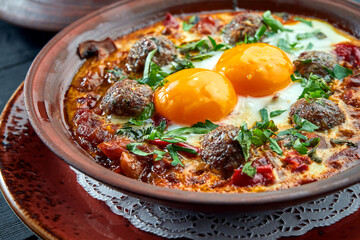 Classic Israeli scrambled eggs - shakshuka with tomatoes, herbs and meat kebabs, served in a clay plate on a black background.