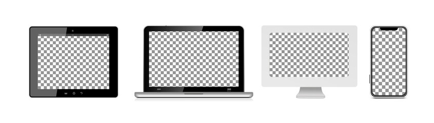 Device mockup template. Smartphone, tablet, laptop, monitor. Vector illustration