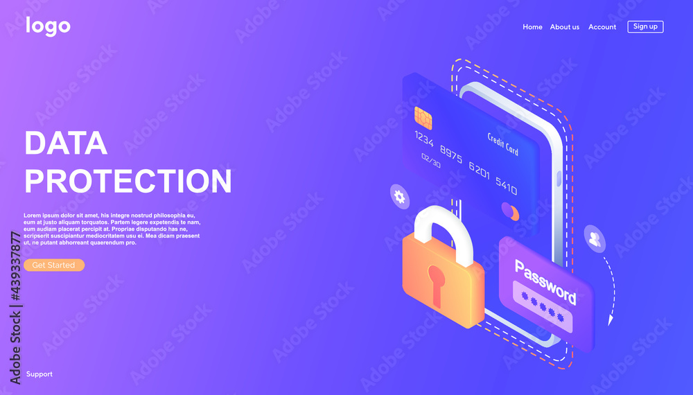 Aufkleber web banner personal data protection isometric concept. cybersecurity and privacy. traffic encryption