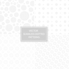 Set of vector seamless patterns with dotted shapes. White and grey decorative textures. Abstract endless backgrounds