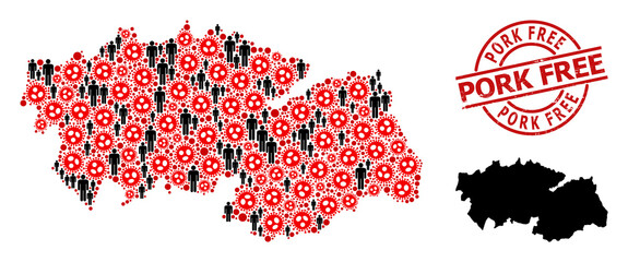 Collage map of Toledo Province constructed from virus items and people icons. Pork Free scratched seal stamp. Black people icons and red virus icons. Pork Free phrase is inside round watermark.