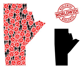 Collage map of Manitoba Province composed of flu virus items and demographics elements. Worldwide grunge stamp. Black crowd elements and red sars virus items.