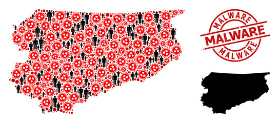 Obraz premium Collage map of Warmia-Masuria Province designed from sars virus icons and people icons. Malware distress badge. Black people icons and red virus outbreak elements.