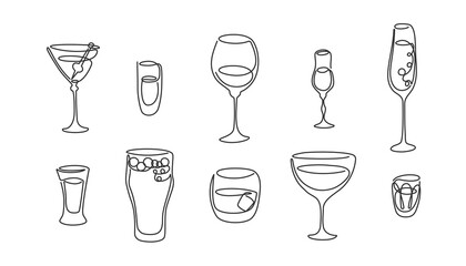 One line drawing martini rum red wine liquor champagne tequila beer whiskey vermouth vodka glass on white background. Freehand black white cartoon graphic sketch. Hand drawn continuous line way