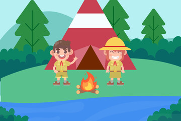 Obraz na płótnie Canvas Cartoon scout with tent and camp fire Premium Vector 