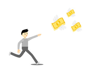 Young man chasing money which flying away from him cartoon vector