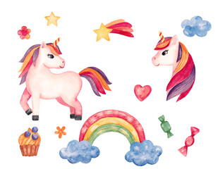 Watercolor illustration with a unicorn pony, rainbow, cloud, heart and candy. A set for the design of nurseries and child posters