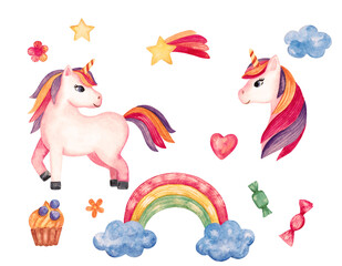 Fototapeta premium Watercolor illustration with a unicorn pony, rainbow, cloud, heart and candy. A set for the design of nurseries and child posters