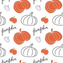 Orange pumpkin on white background. Autumn harvest. seamless pattern for fabric, wallpaper. Healthy food. Hand draw illustration and lettering.