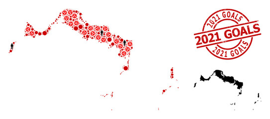 Obraz premium Mosaic map of Turks and Caicos Islands designed from flu virus elements and population elements. 2021 Goals distress stamp. Black men symbols and red flu virus icons.