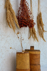 Medicinal herbs and birch bark boxes against a white wall