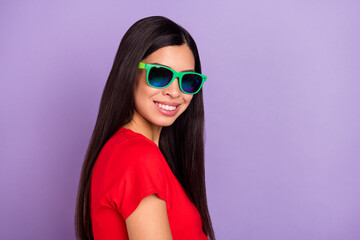 Profile photo of sweet millennial brunette hairdo lady wear spectacles red t-shirt isolated on pastel violet color background