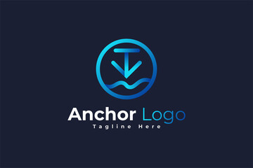 Anchor Logo Design with Line Style in Blue Gradient. Marine Logo